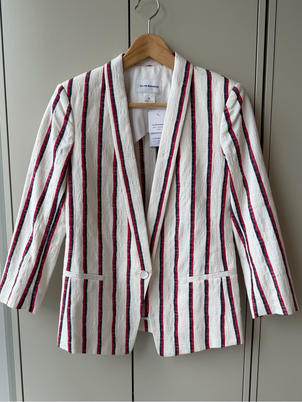 Club Monaco White Blazer with Red & Navy Stripes